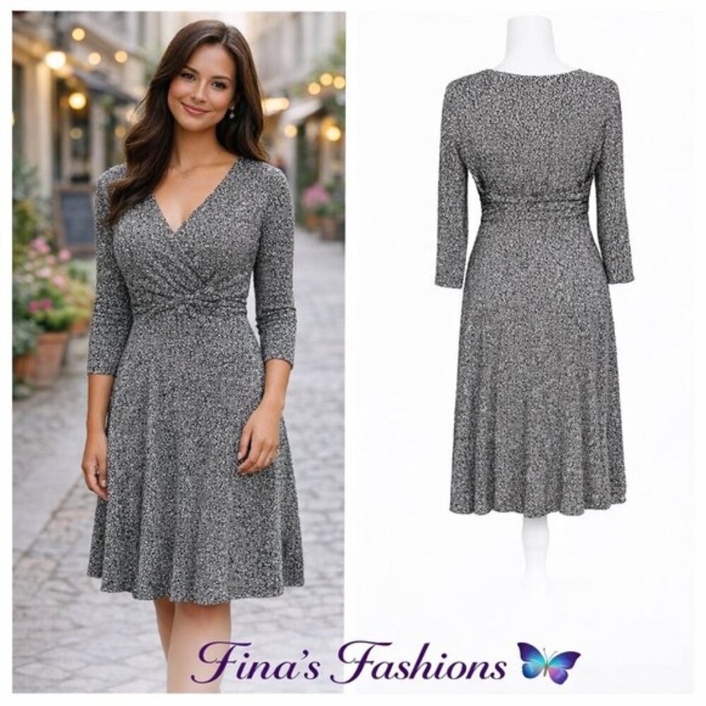 Black Label Evan-Picone Midi Dress Size 8 Black White Career Wrap Style